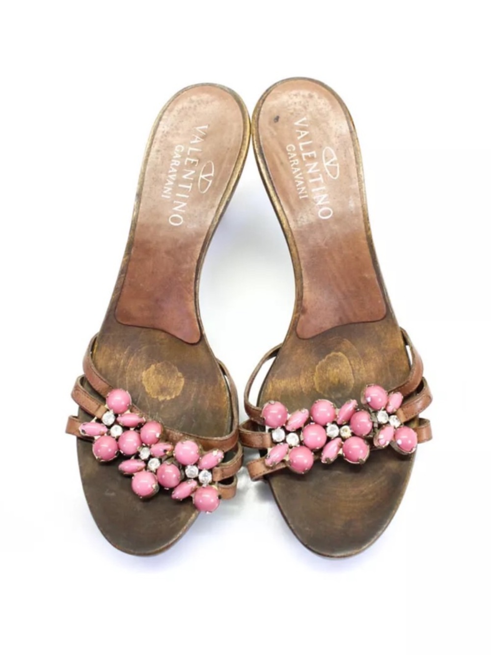 Valentino Garavani Brown Leather Mules with Pink Beaded Embellishments